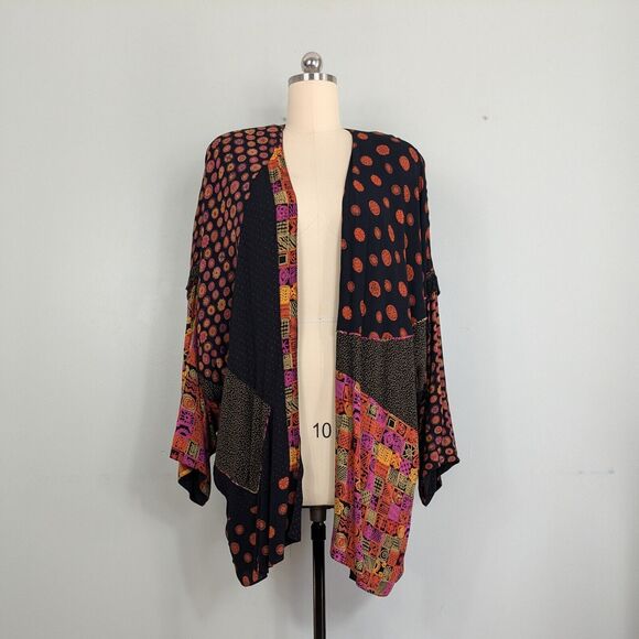 Vintage Kimono Top M Black Pink Cardigan Patchwork Color Artsy Eclectic 90s - Picture 1 of 14